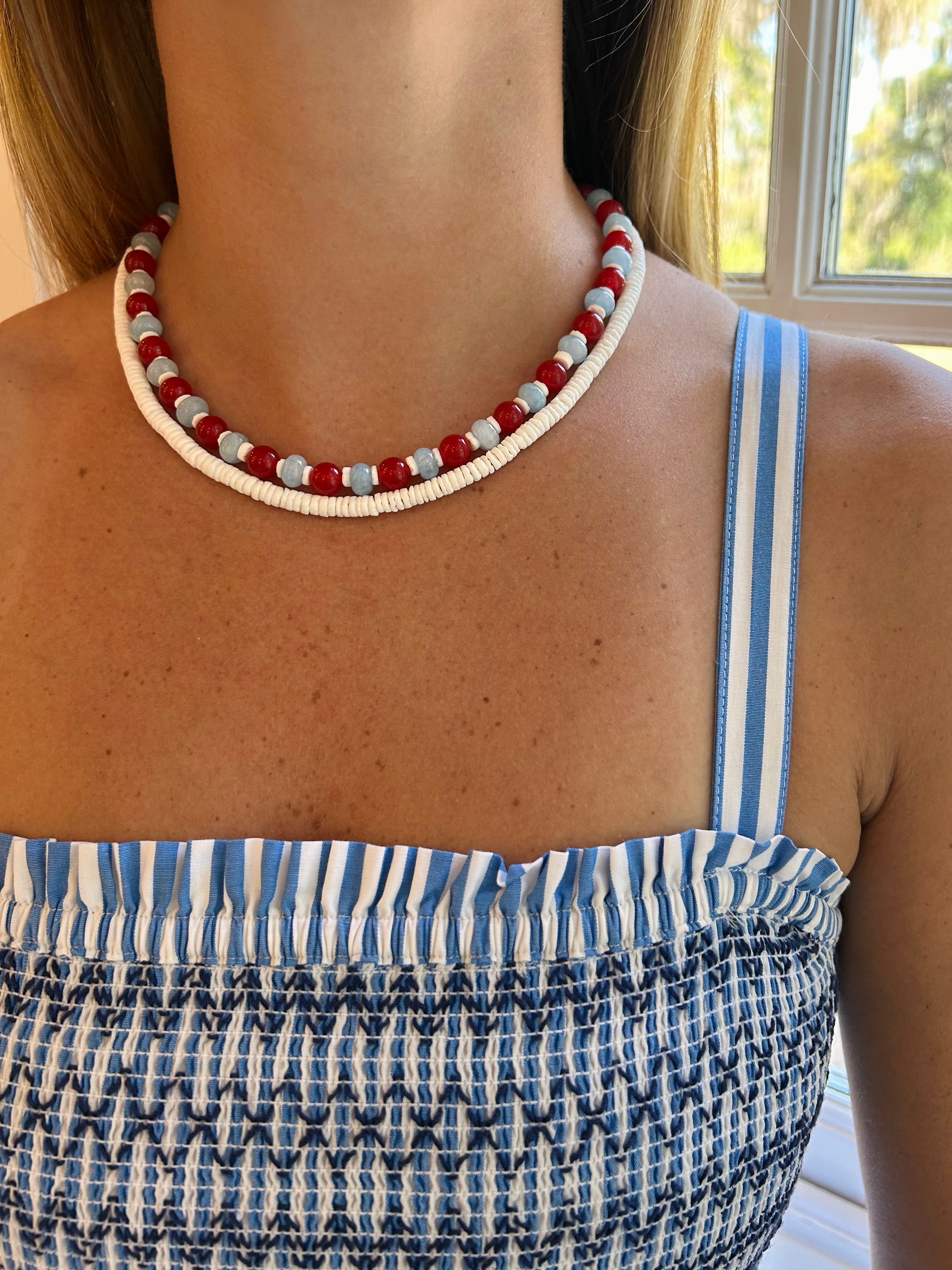 Red, white and blue beaded necklaces