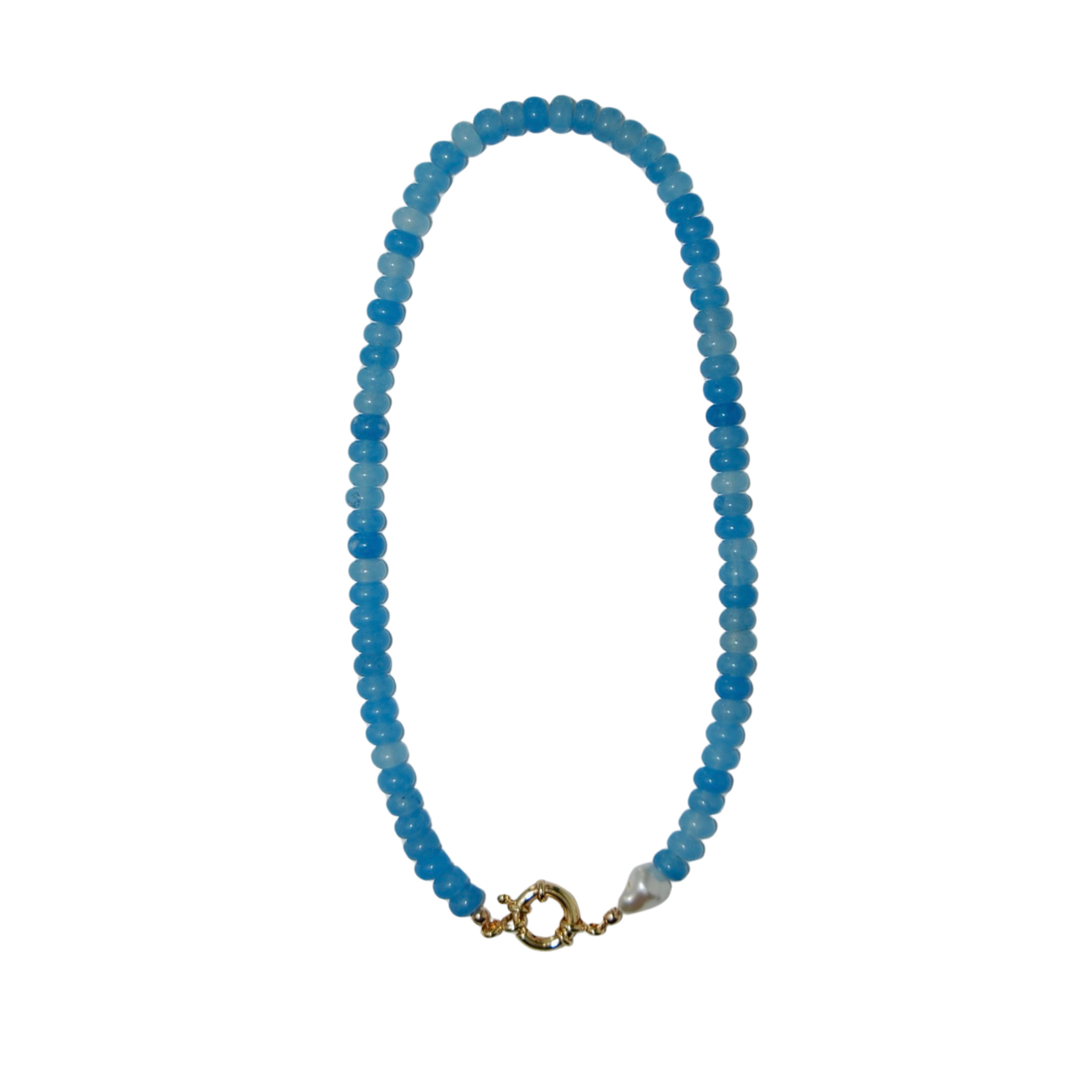 Blue beaded necklace with a gold clasp on and pearl