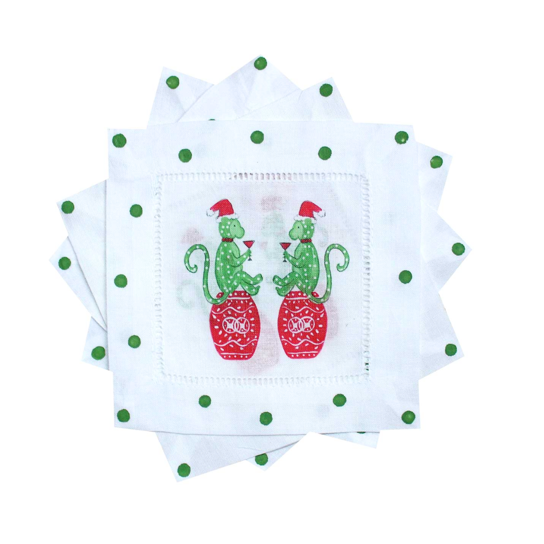 red and green chinoiserie holiday monkey cocktail napkins