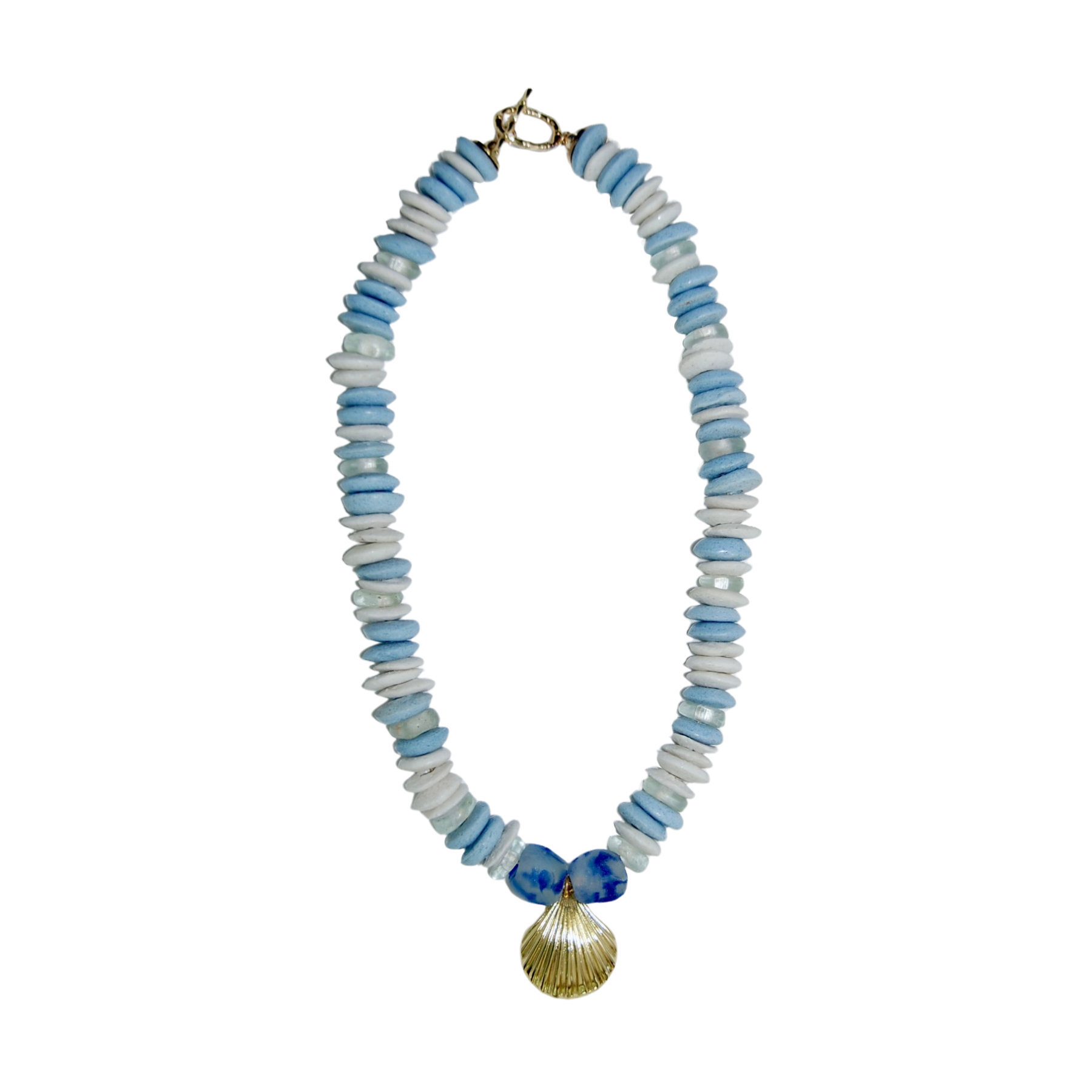 Necklace with blue and white african beads and a gold shell pendant