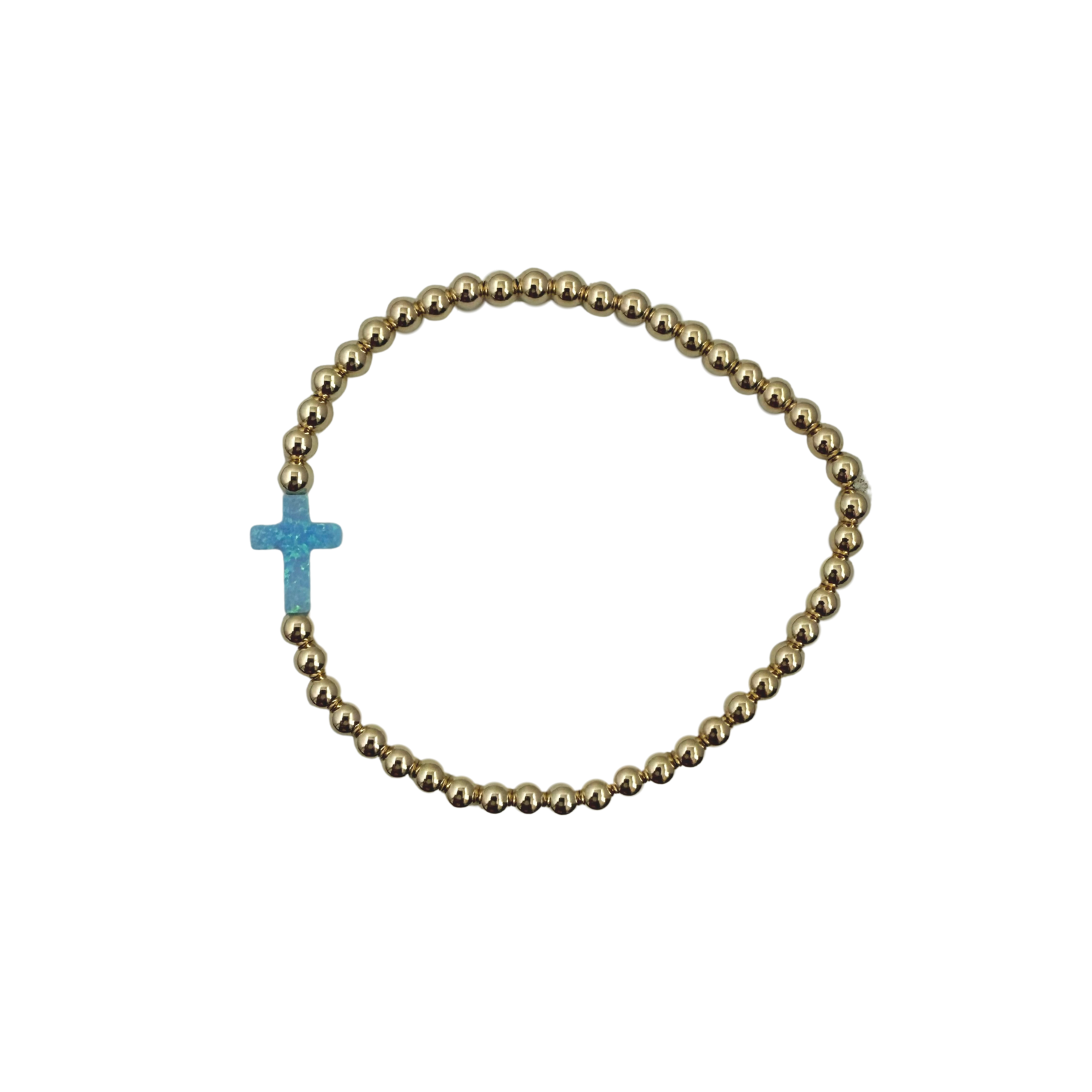 14k gold filled beaded bracelet with light blue cross