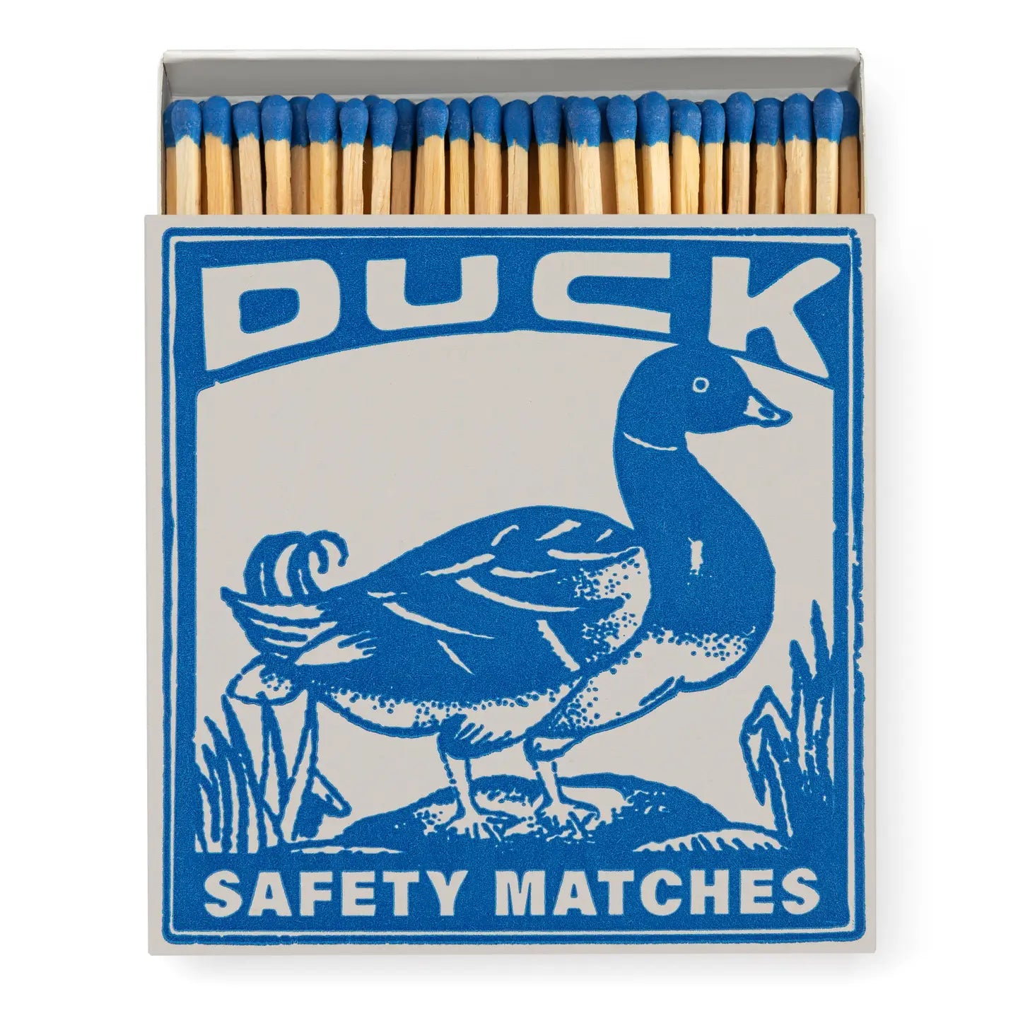 Box of Duck safety matches with a blue duck illustration