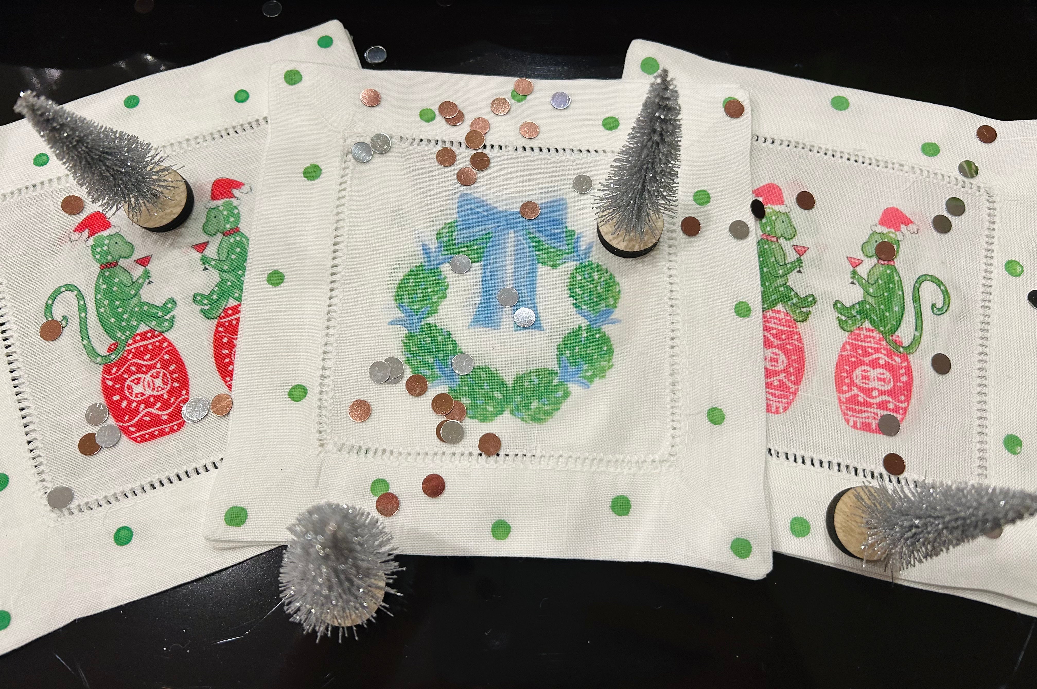 Chinoiserie Holiday Monkey Linen Cocktail Napkins