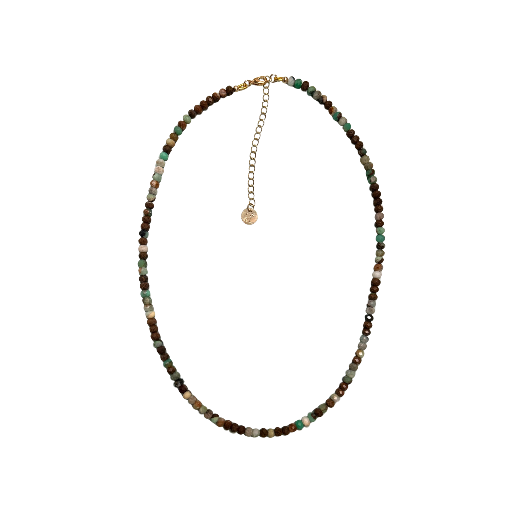 small beaded necklace with blue and brown beads