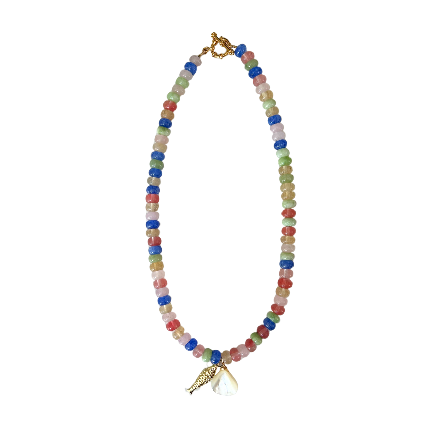 Multicolored beaded necklace with a gold fish and shell charm