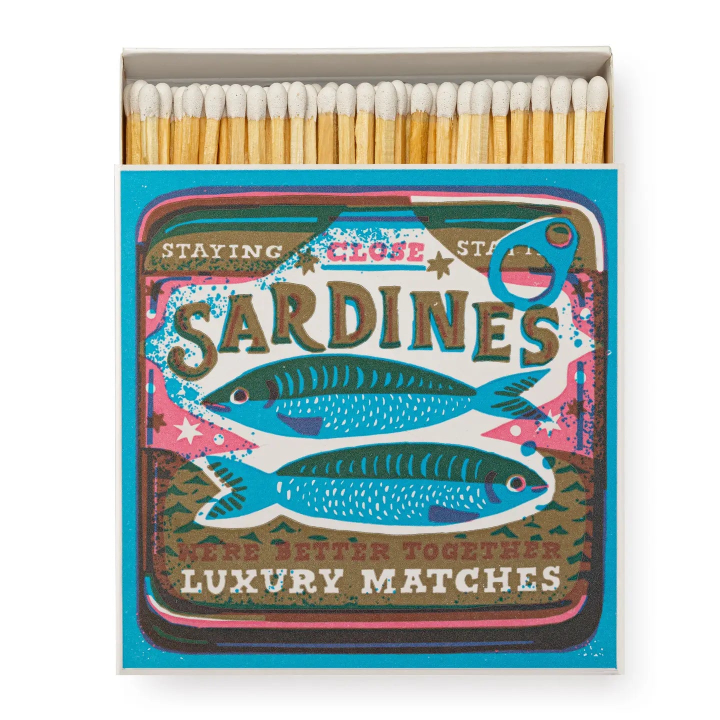 Matchbox with two sardines on the outside of the box