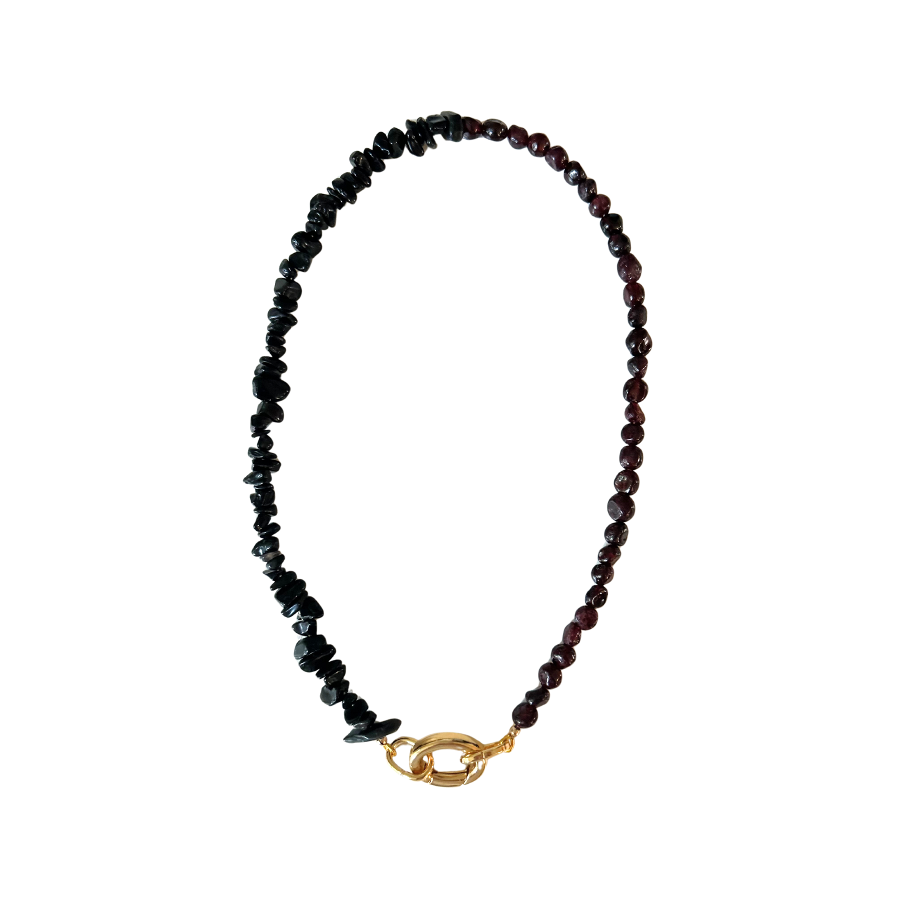 Necklace with obsidian and garnet beads and a gold clasp