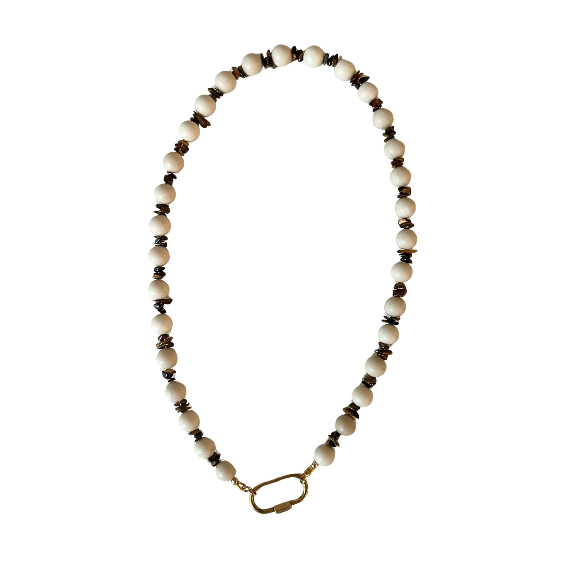cream and brown beaded necklace with a carabiner clasp