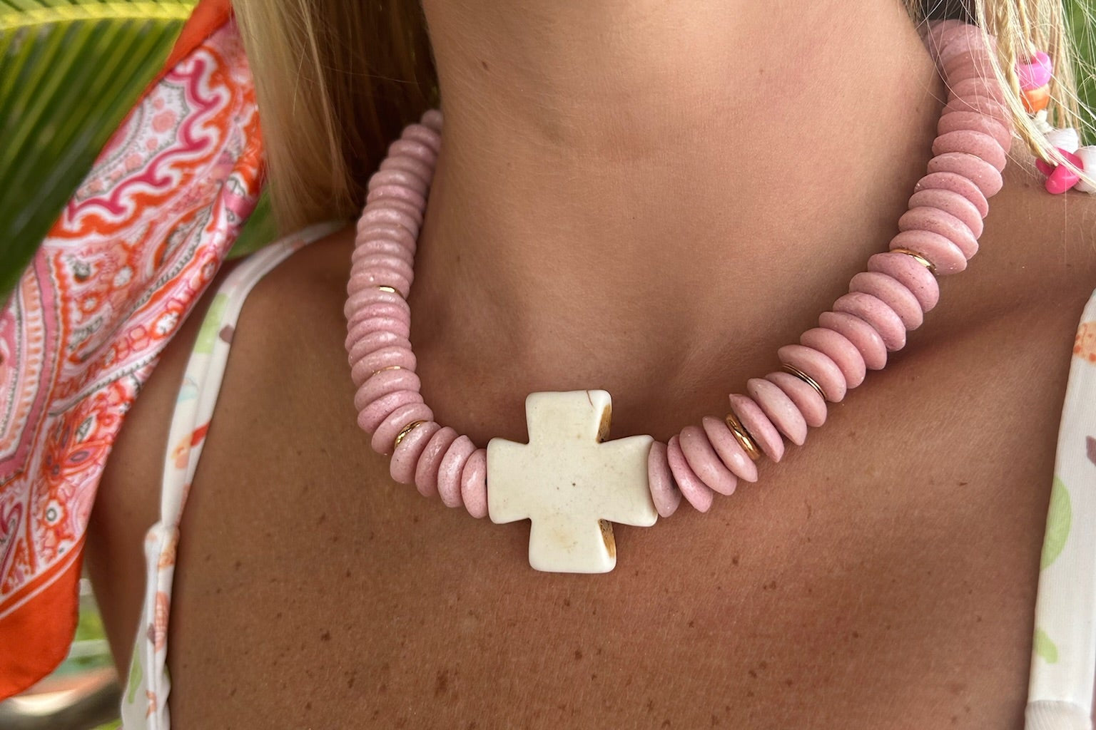 pink african beads with cross center bead