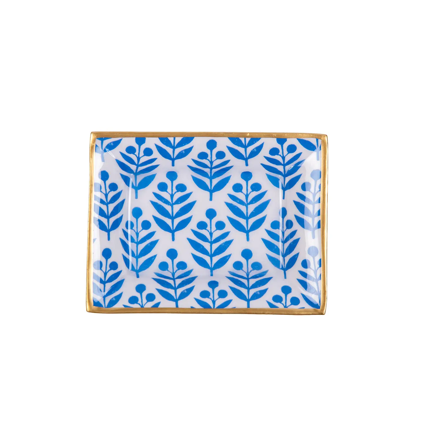 Decorative catch all tray with blue leaf pattern