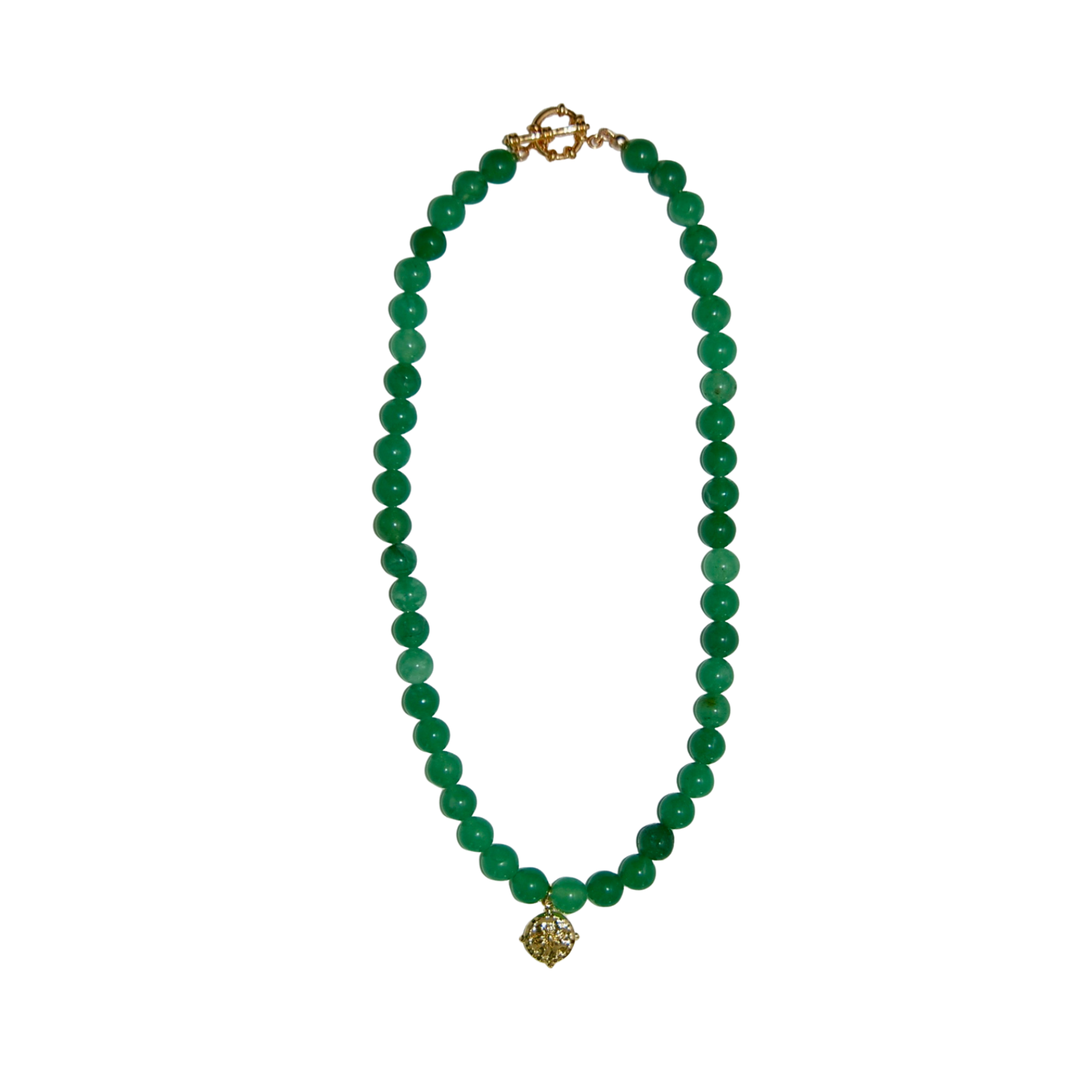 Green onyx beads with gold plated bee charm
