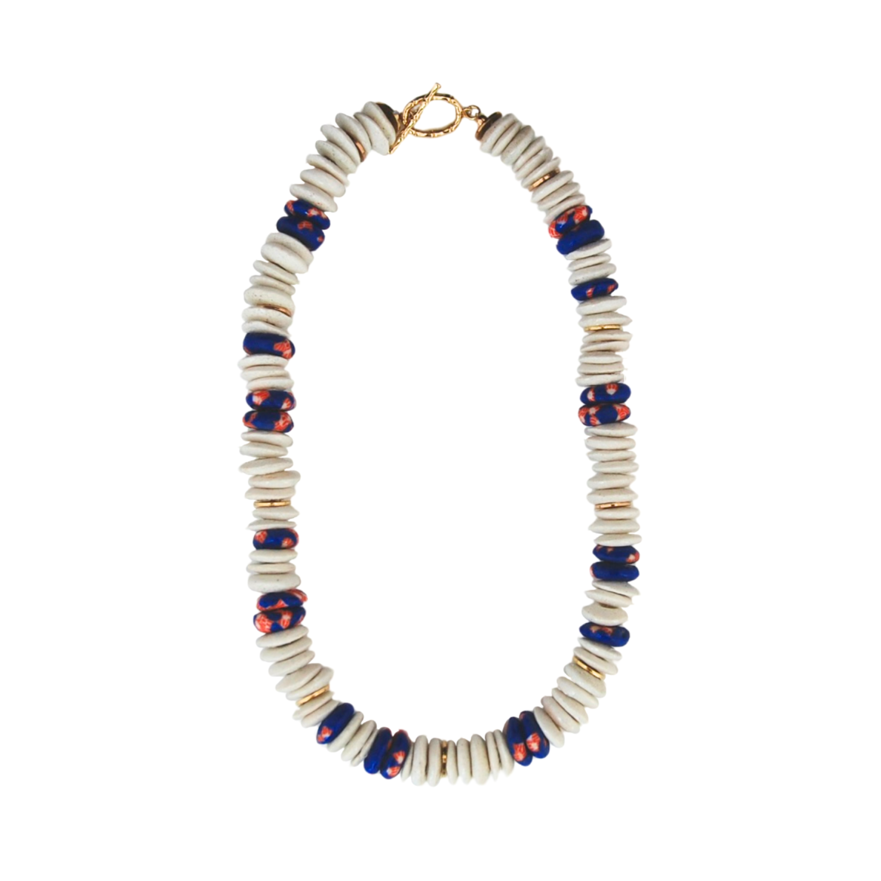 white beaded african beads mixed with navy and gold beads throughout