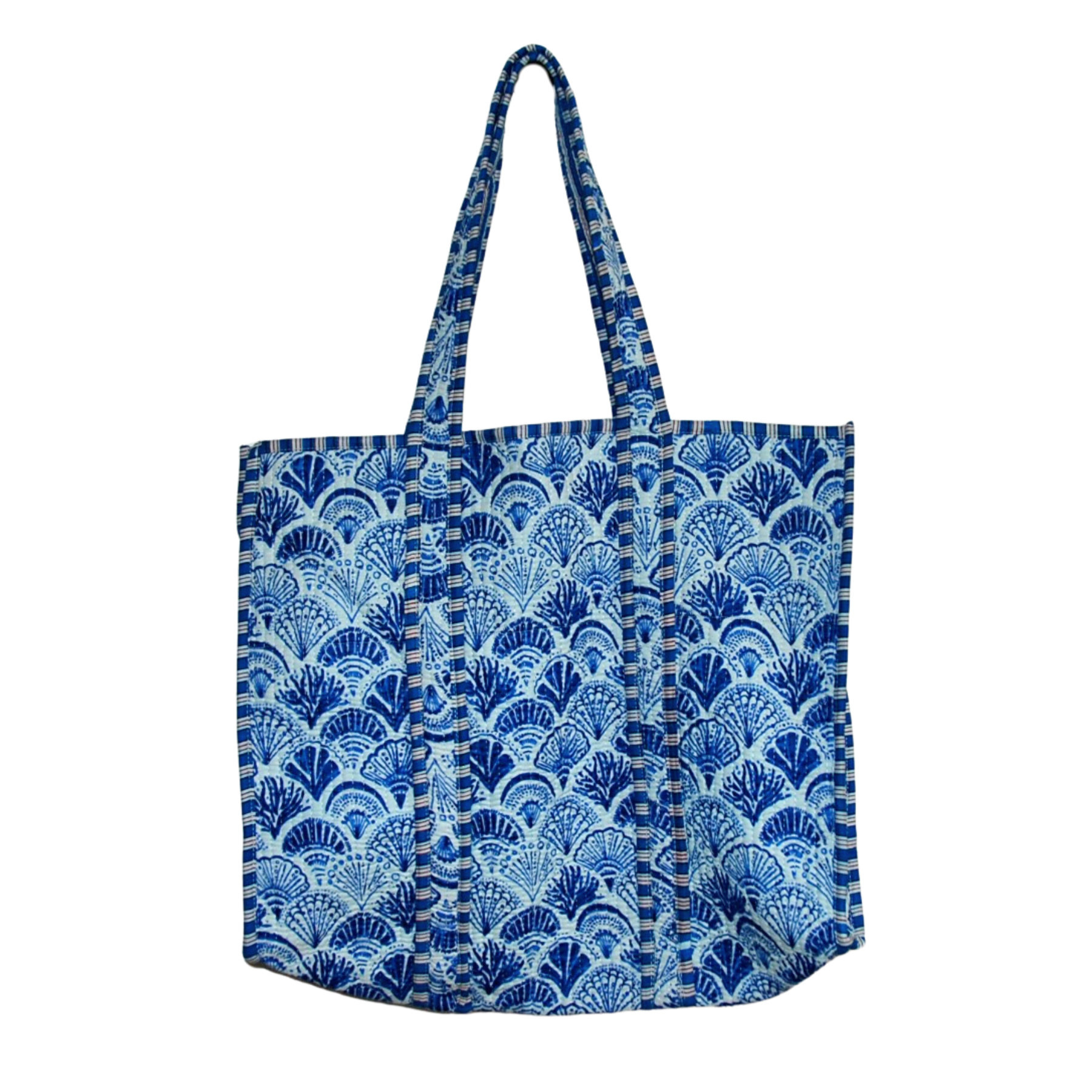 blue tote bag with seashell print