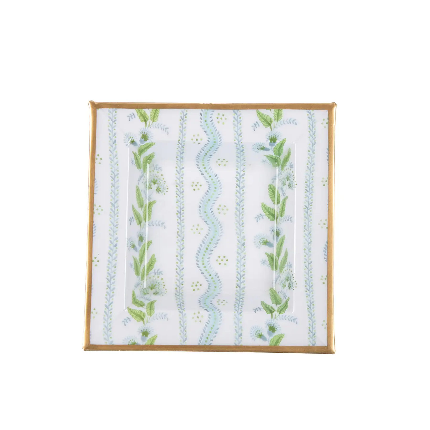 Gold trim catch all tray with green and blue leaf pattern