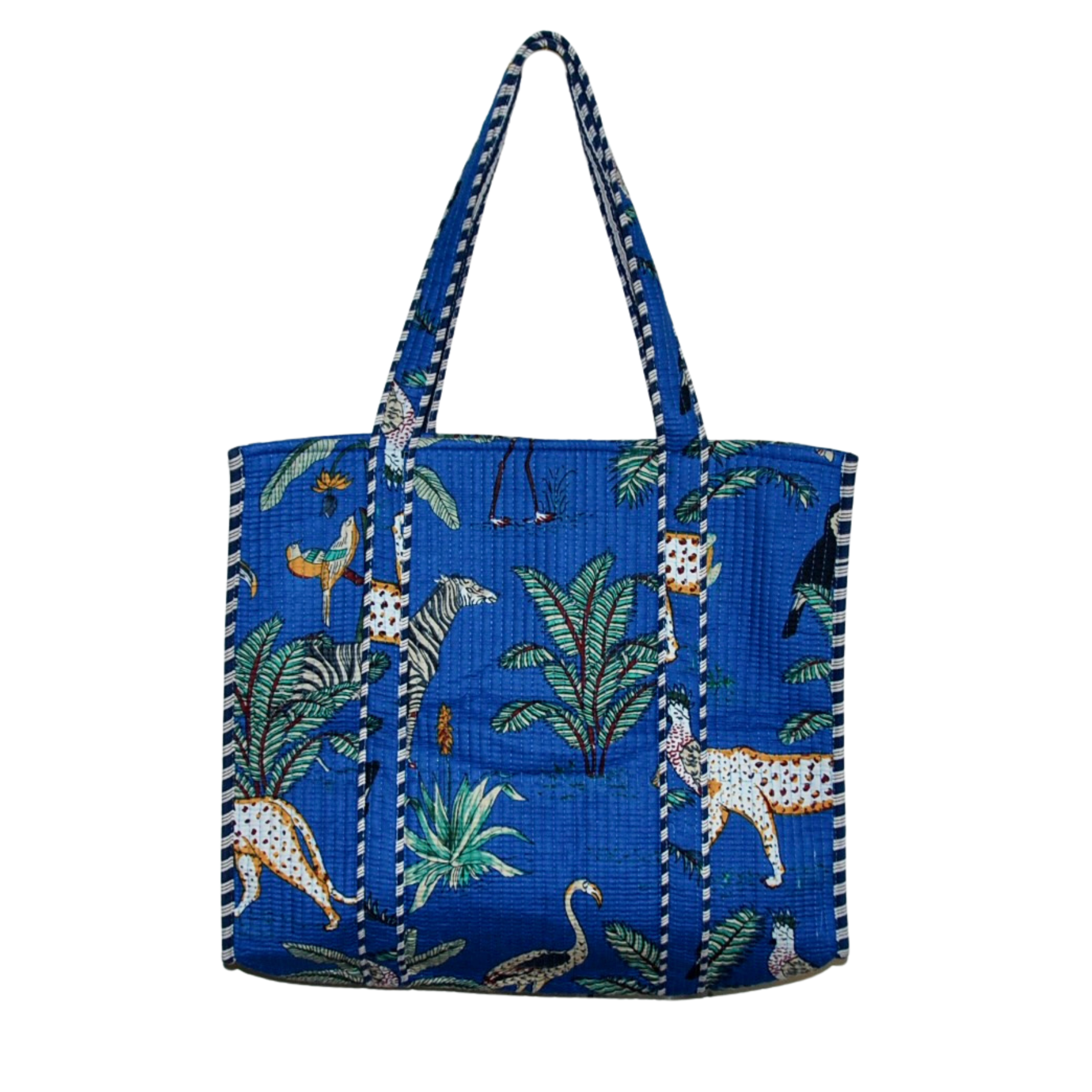 blue tote bag with animal and jungle theme print