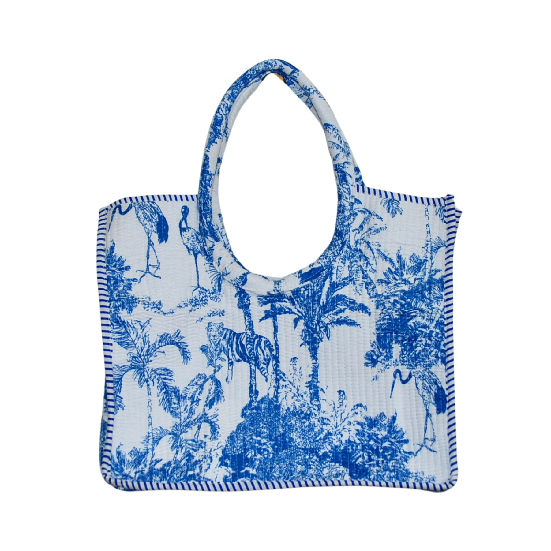 Blue and white tote bag with nature-themed design on a white background