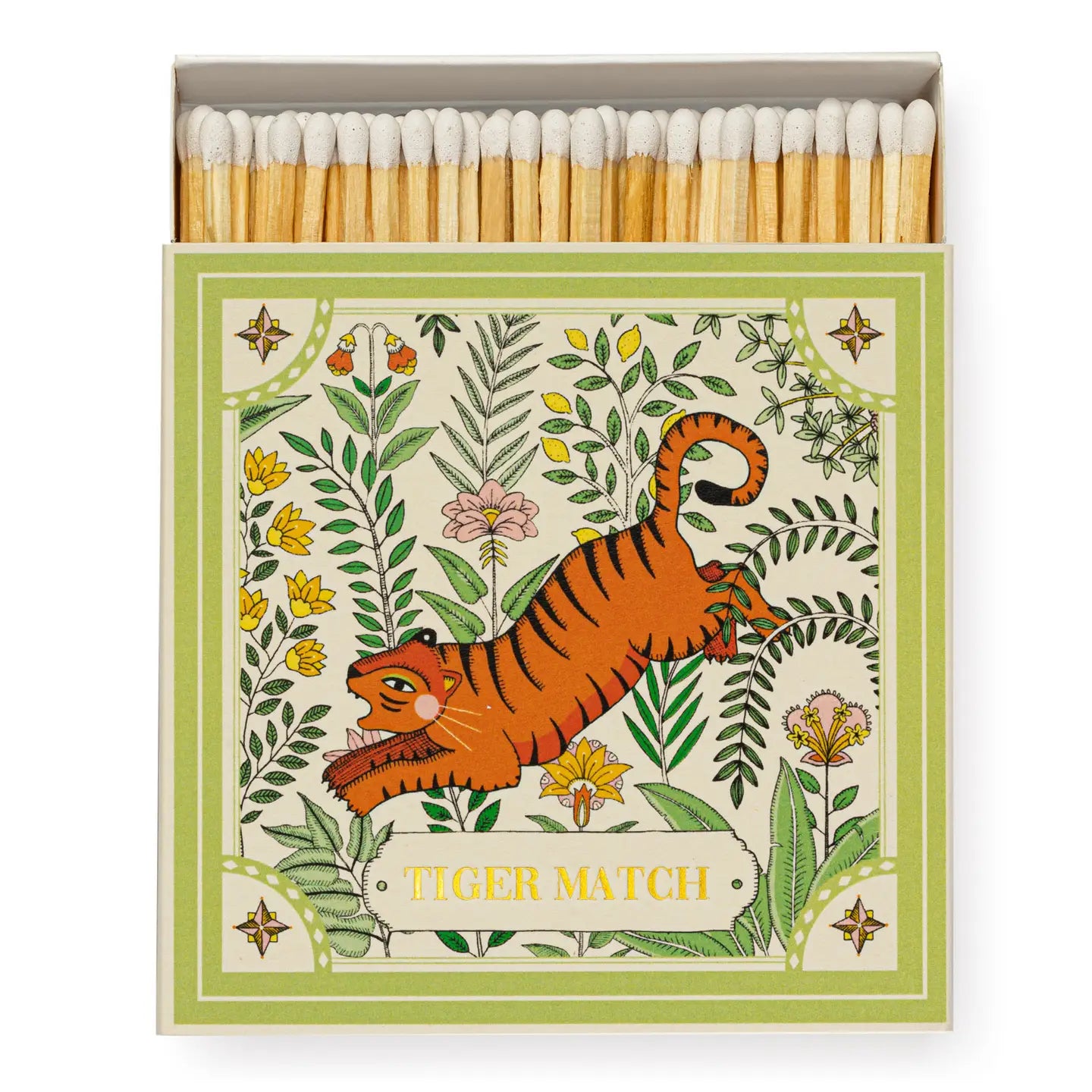 Box of matches with green florals, a tiger and a green border