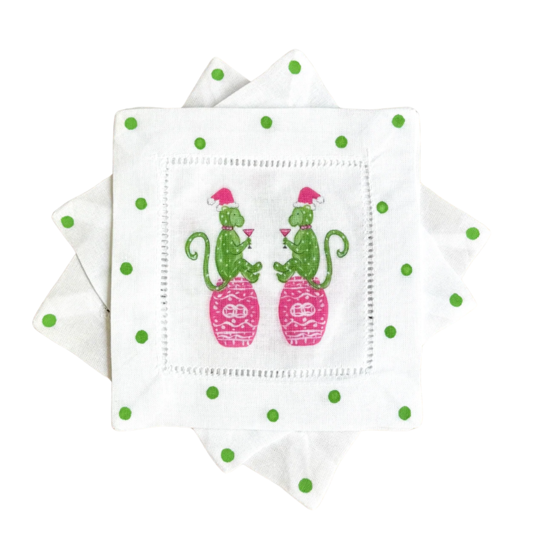 Pink chinoiserie holiday monkey linen cocktail napkins