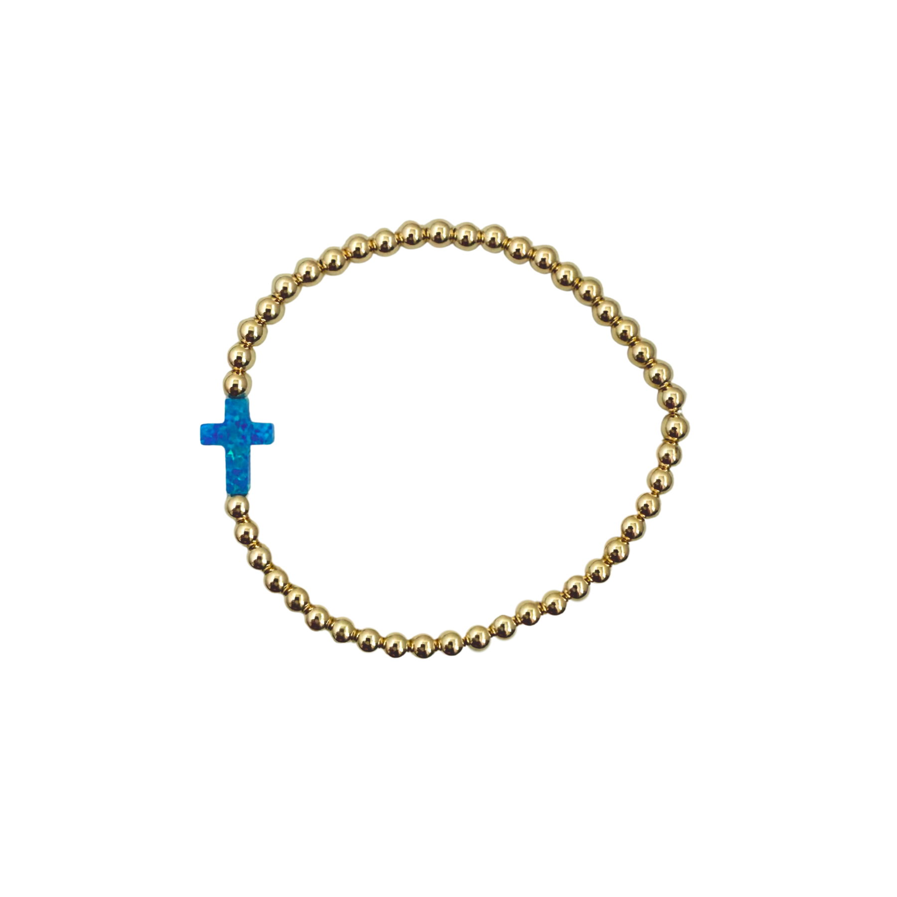 14k gold filled beaded bracelet with blue cross