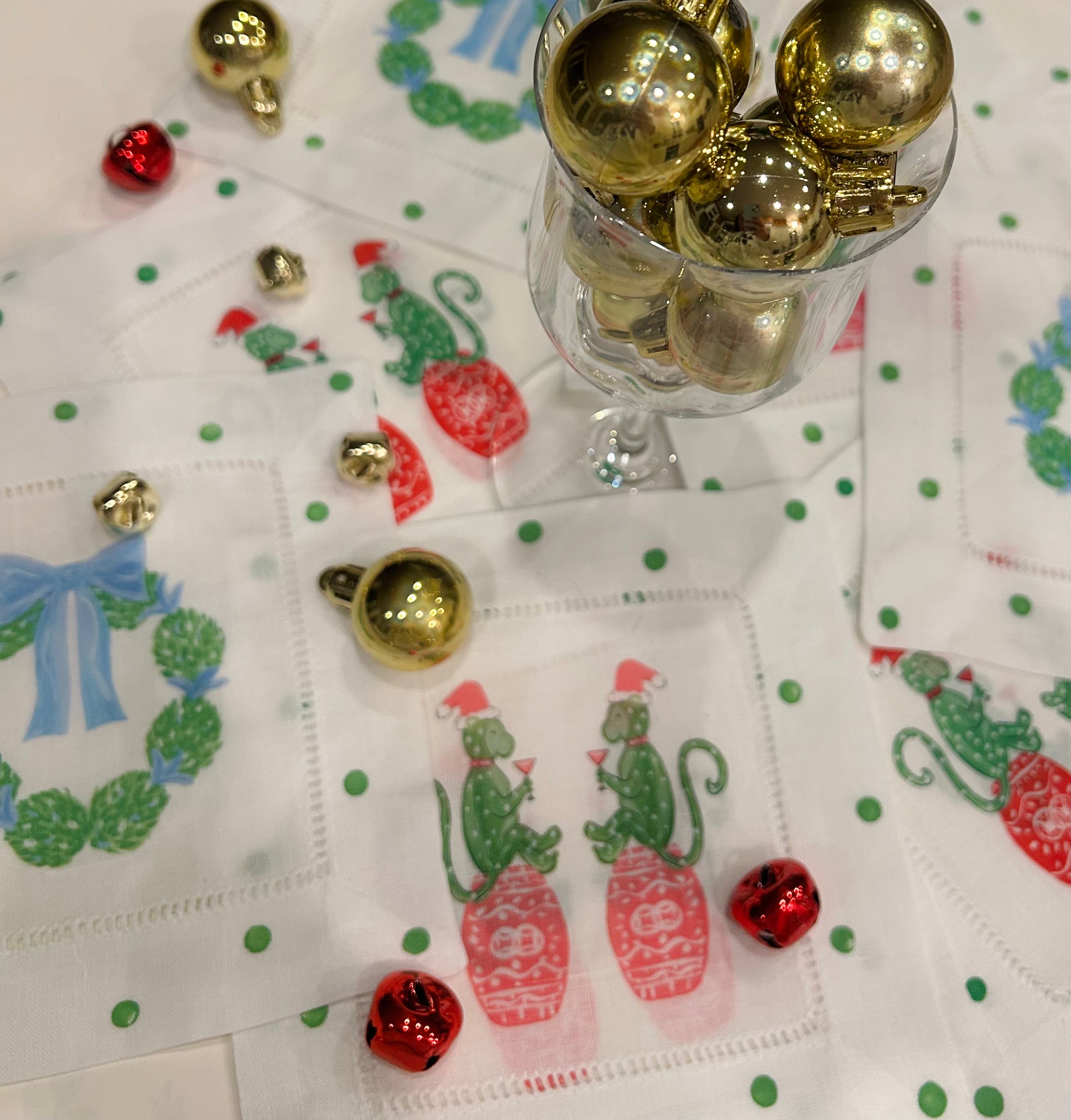 Chinoiserie Holiday Monkey Linen Cocktail Napkins