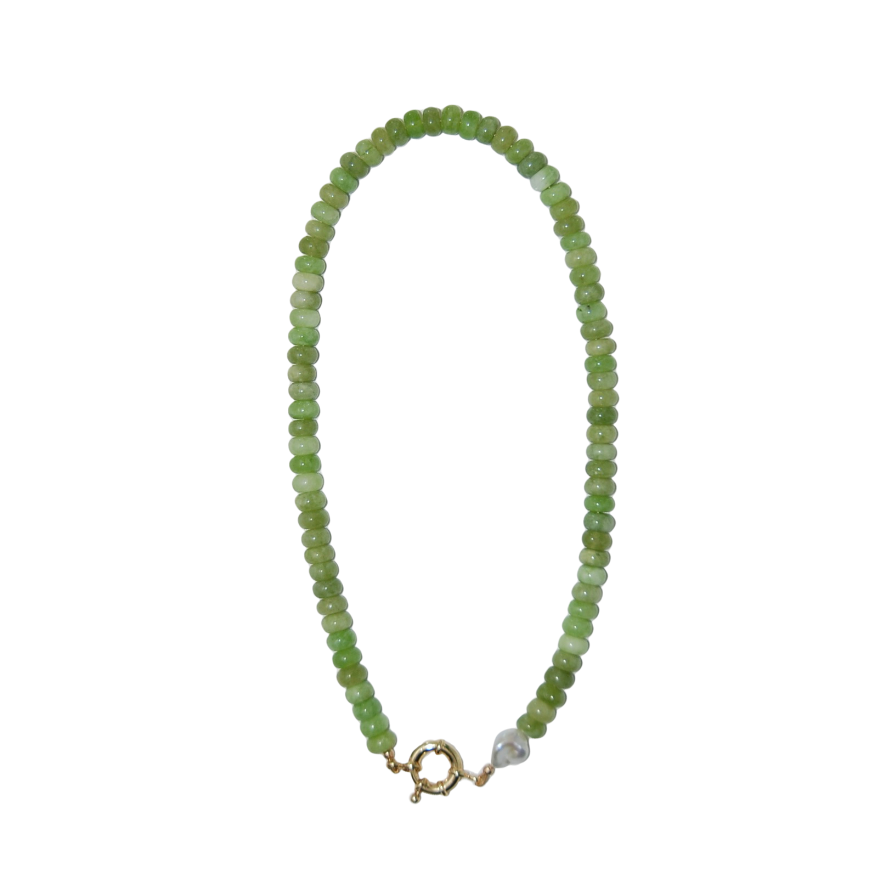 Green beaded necklace with a gold clasp and pearl
