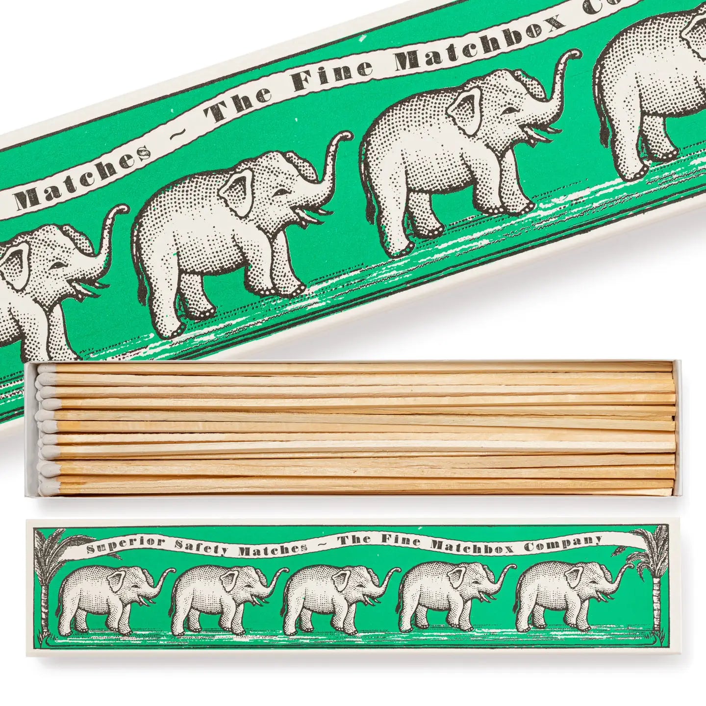 green long matchbox with elephants