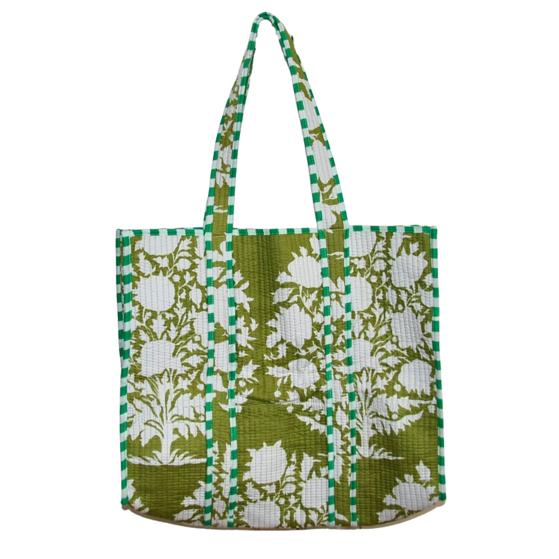 green and white floral patterned tote bag with checkered border