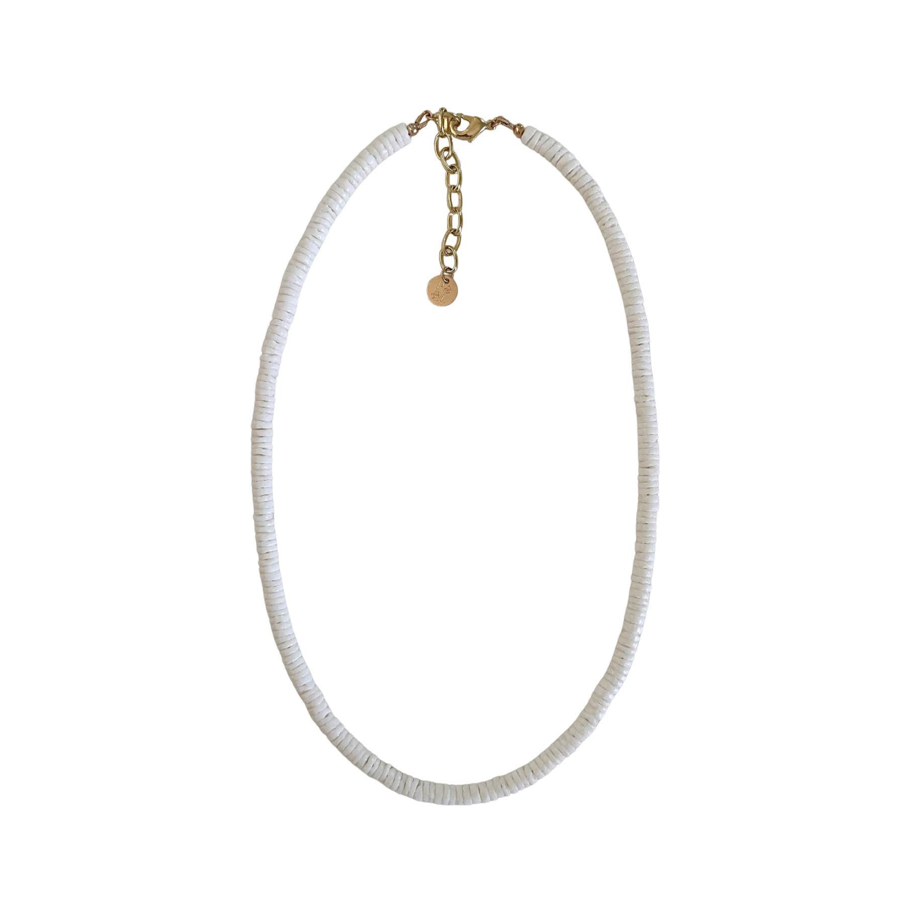 White beaded necklace with a gold chain
