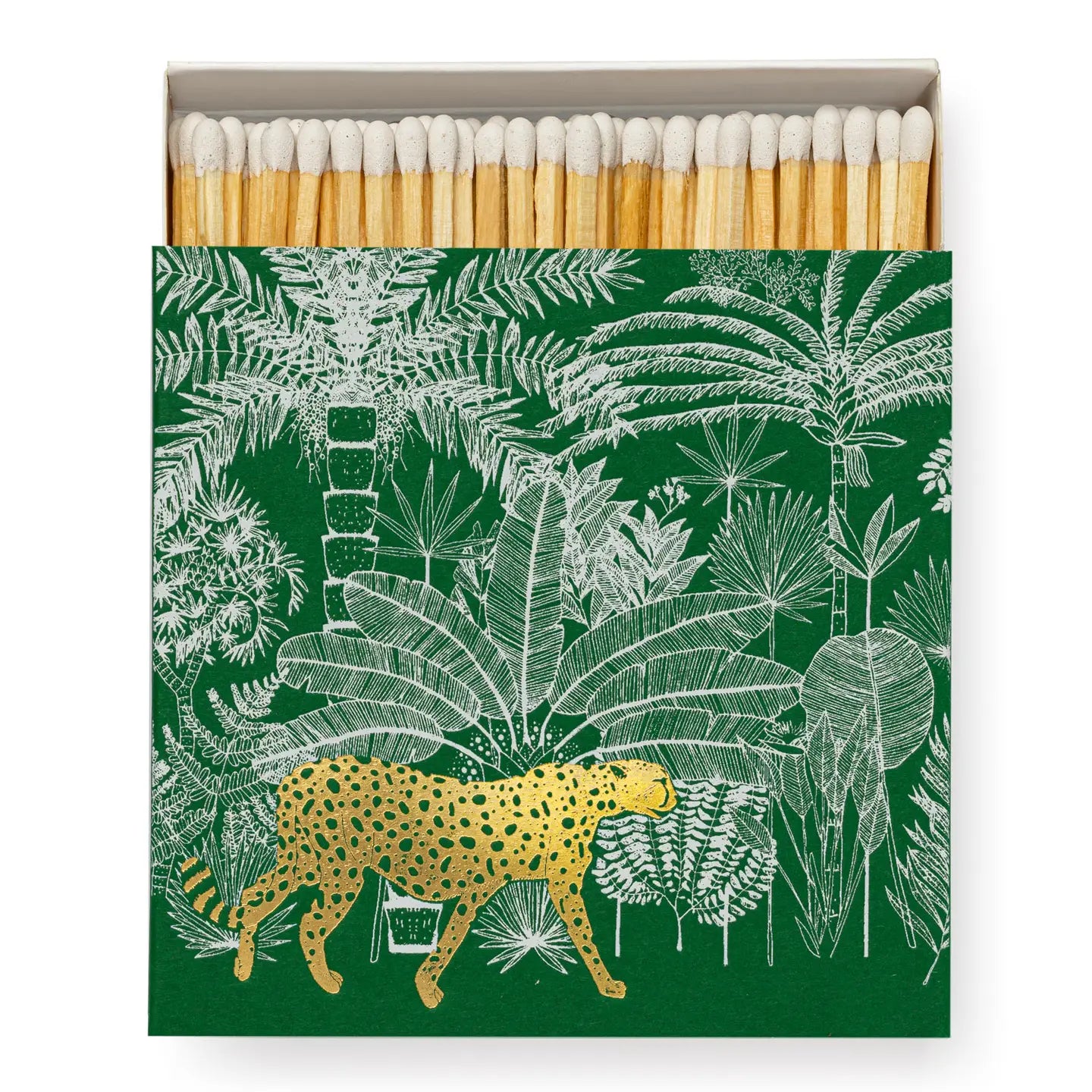 Matches with a cheetah and jungle leaf design on a green background