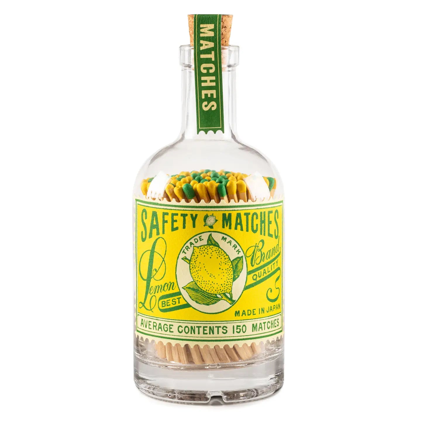 Vintage-style match bottle with lemon design and green label on a white background