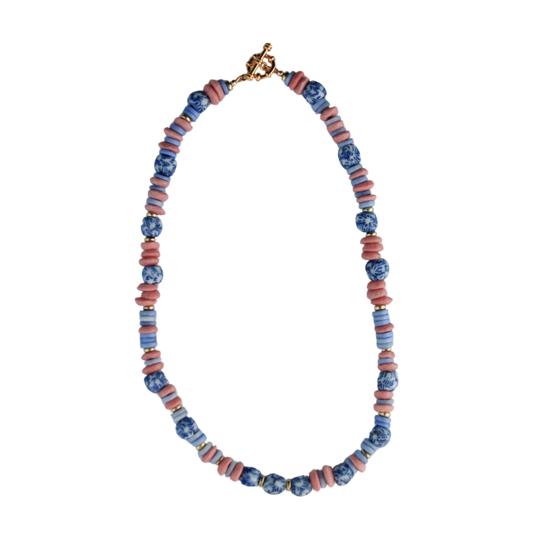 Pink and blue beaded necklace with gold clasp