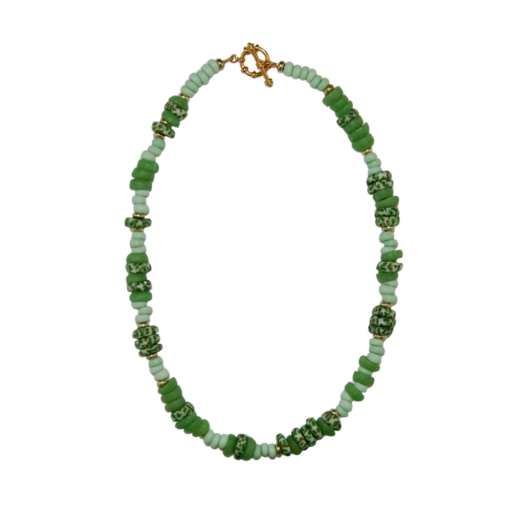 Green beaded necklace with a gold clasp