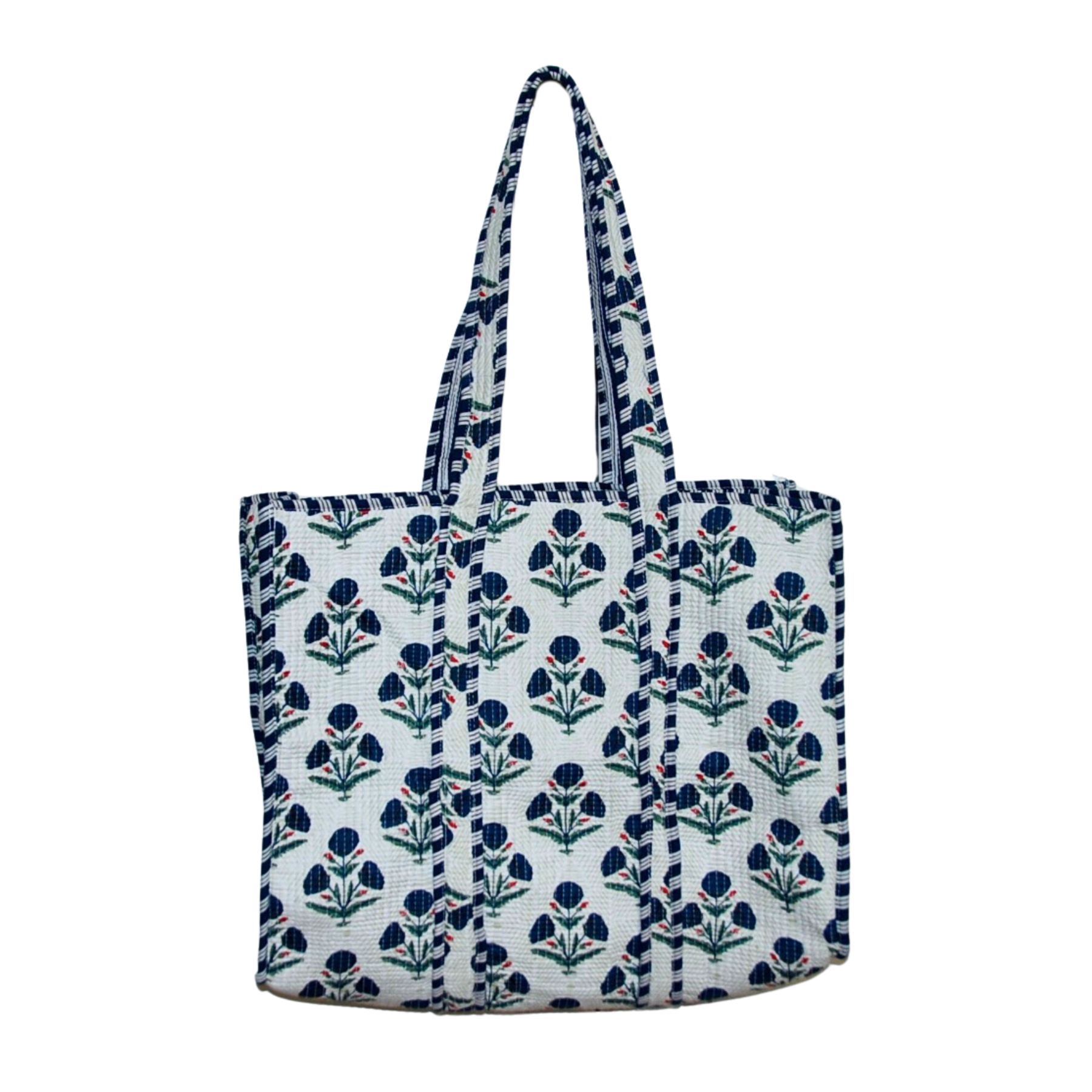 navy floral pattrened tote bag