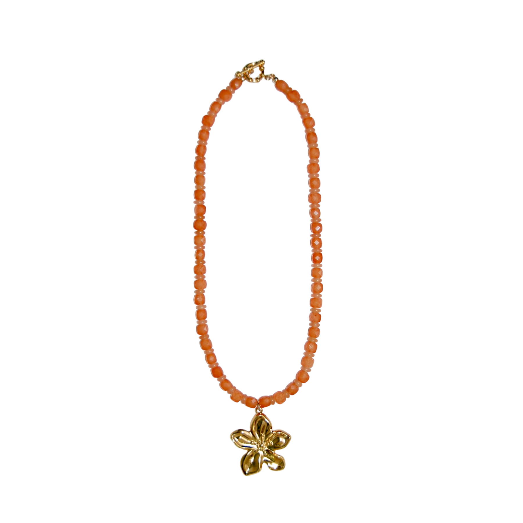 orange beaded necklace with gold plated flower charm