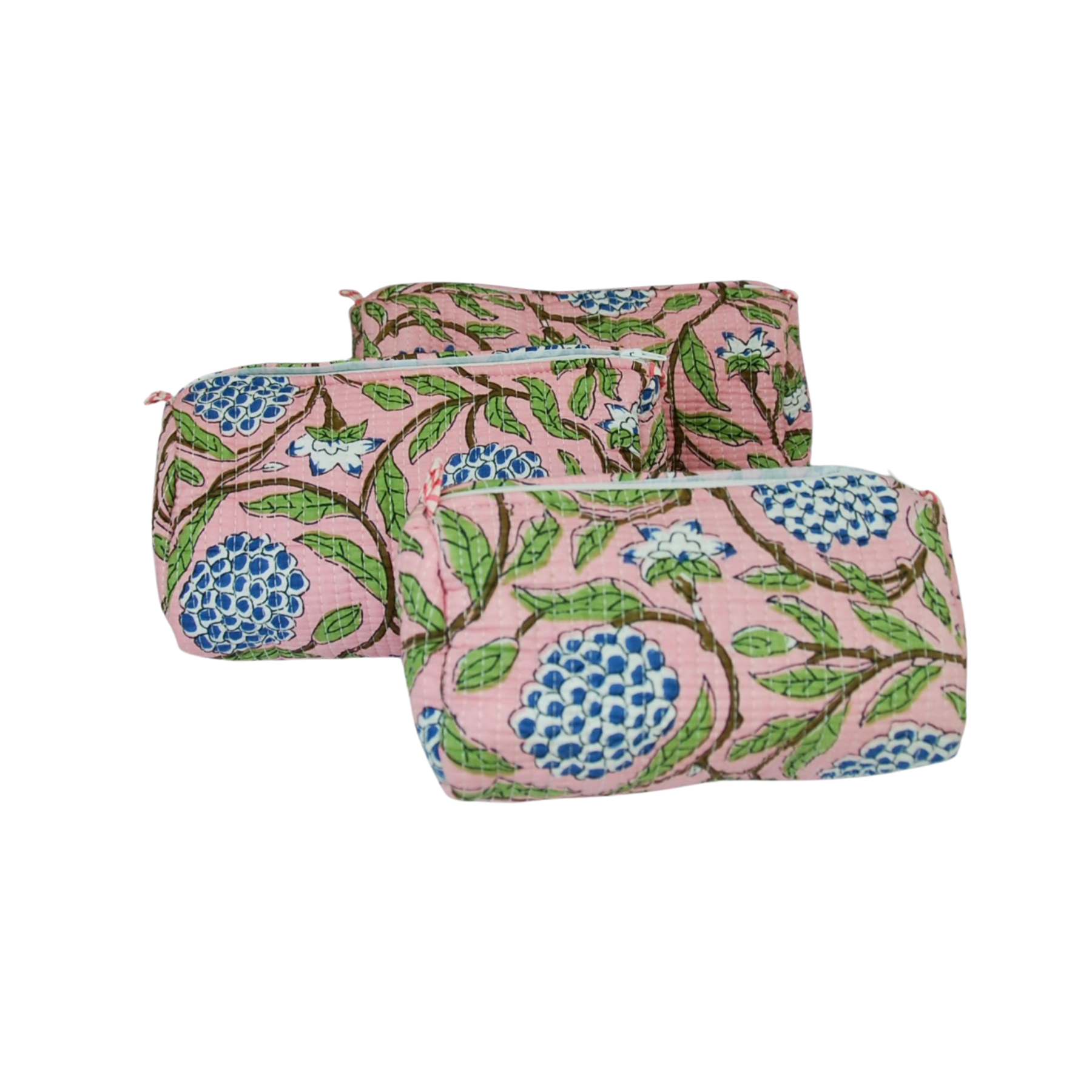 Three pink floral-patterned pouches 