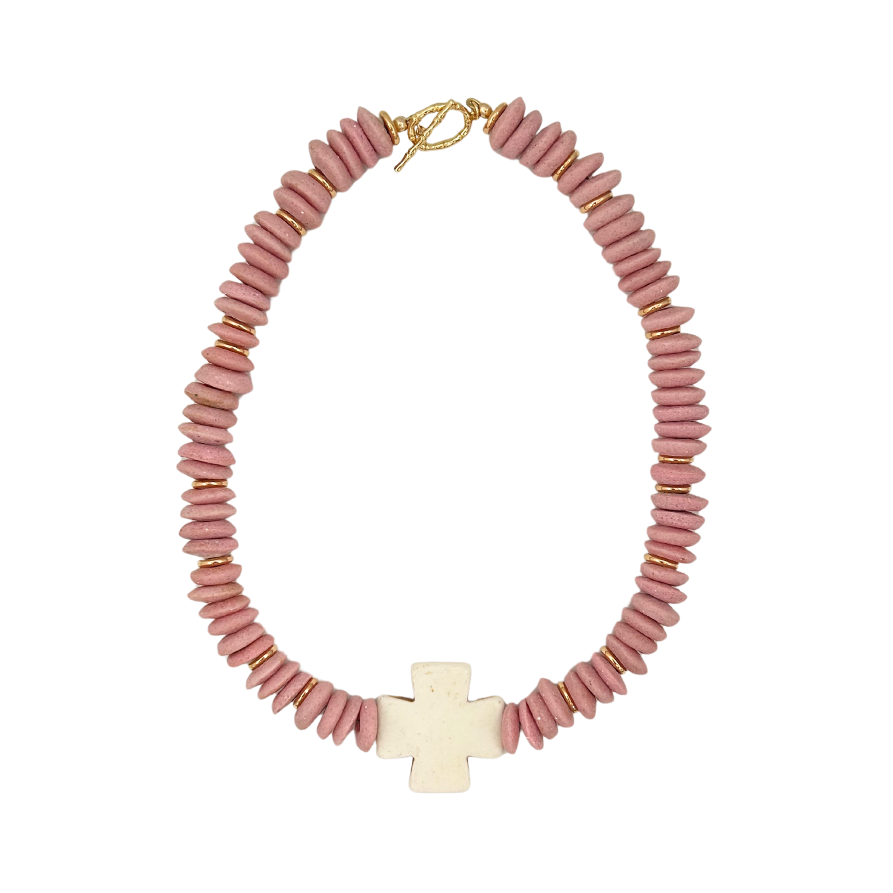 Pink african beaded necklace with middle cross
