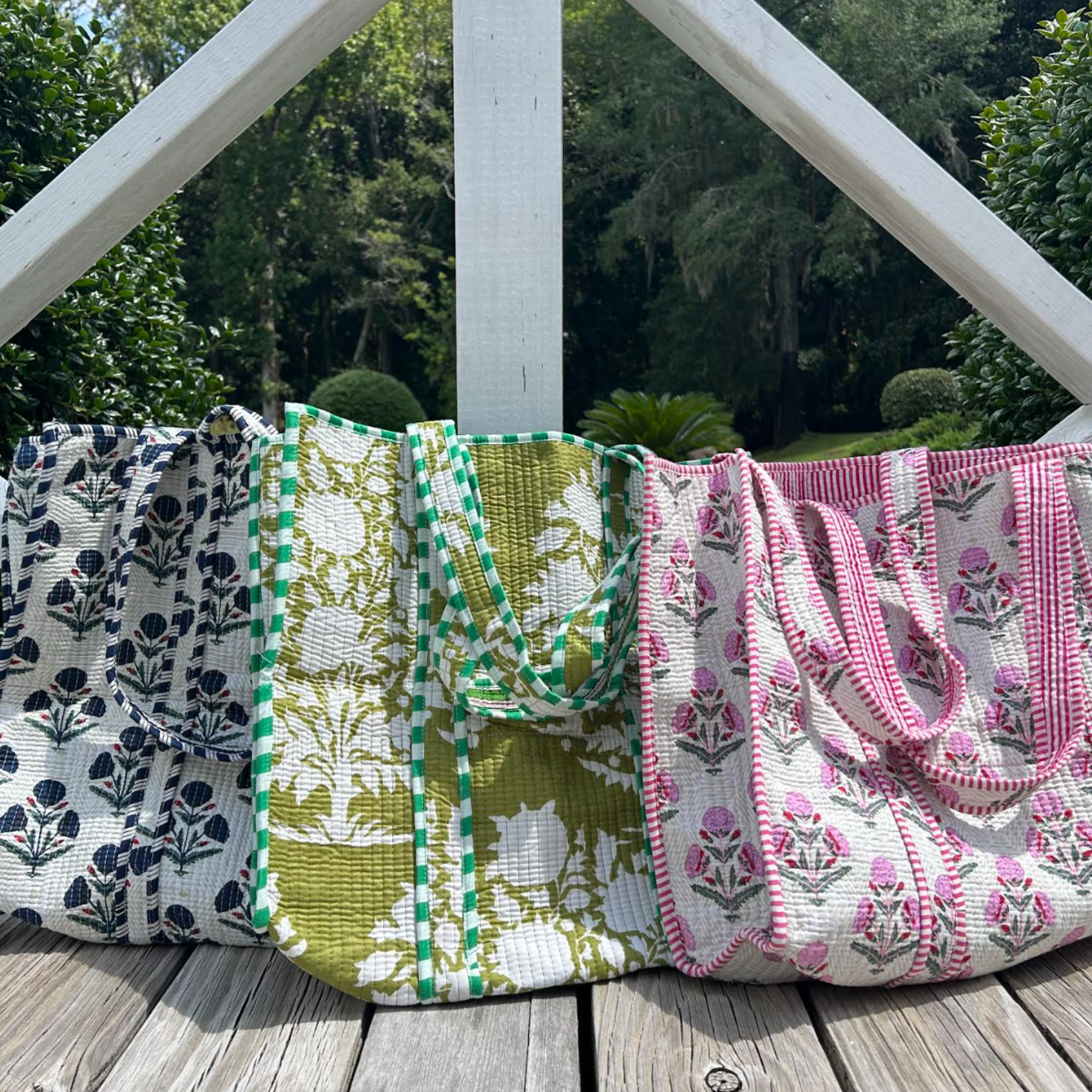 Three patterned tote bags