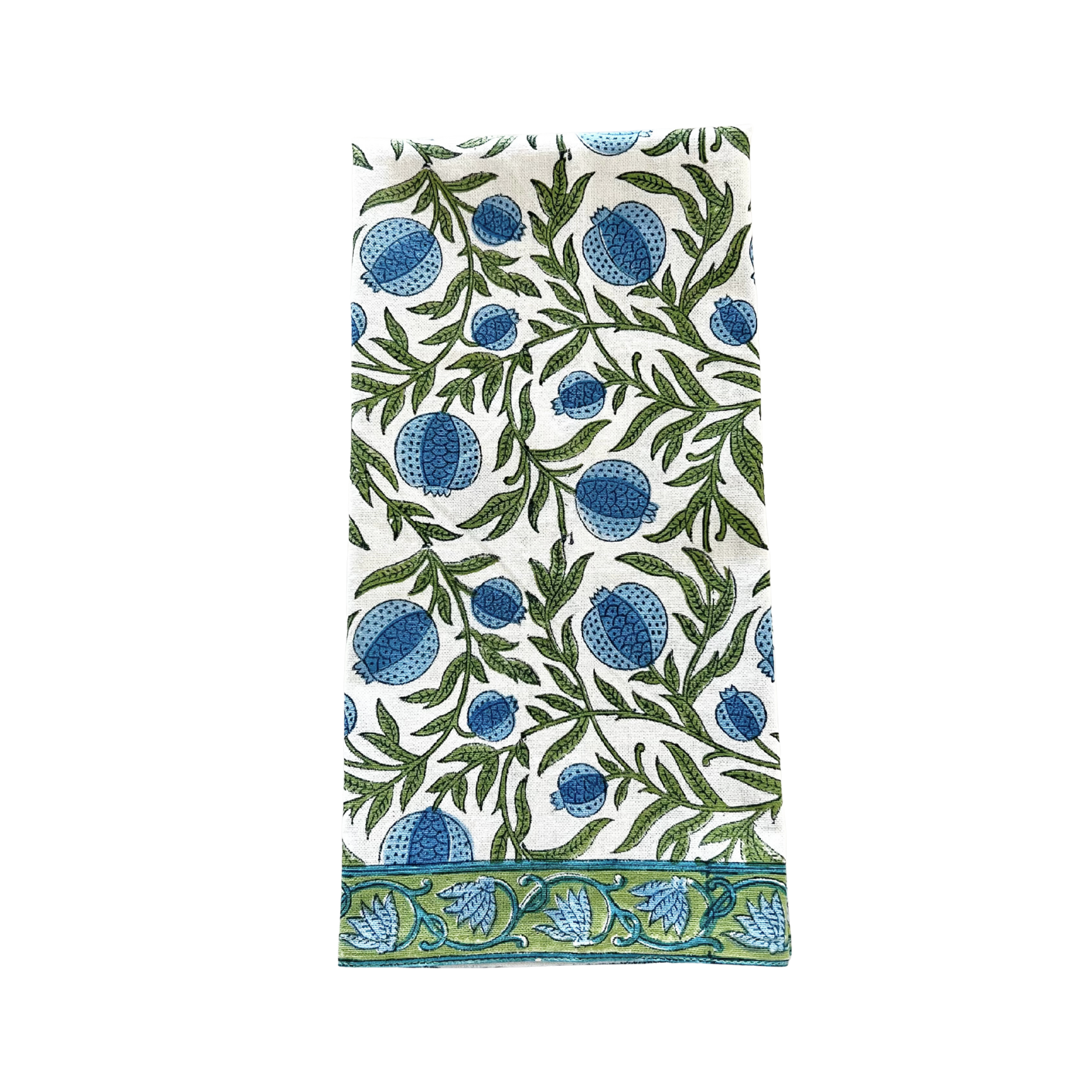blue and green pomegranate patterned kitchen towel