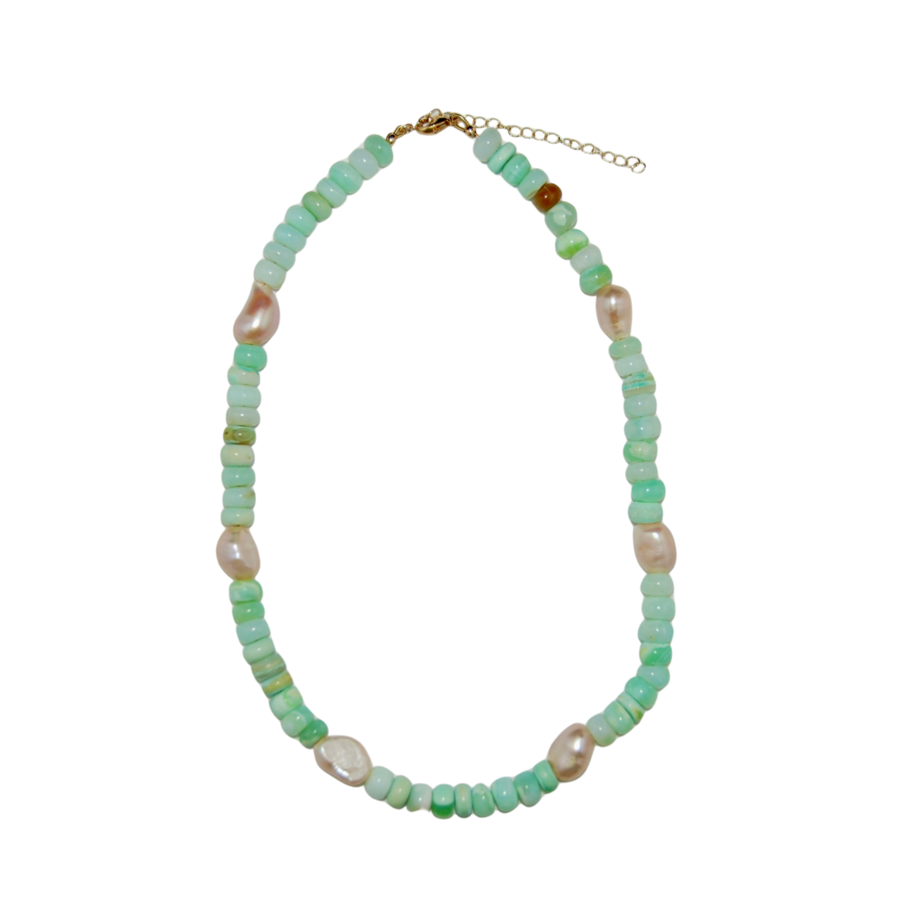Green opal beaded necklace with pink pearls on gold clasp