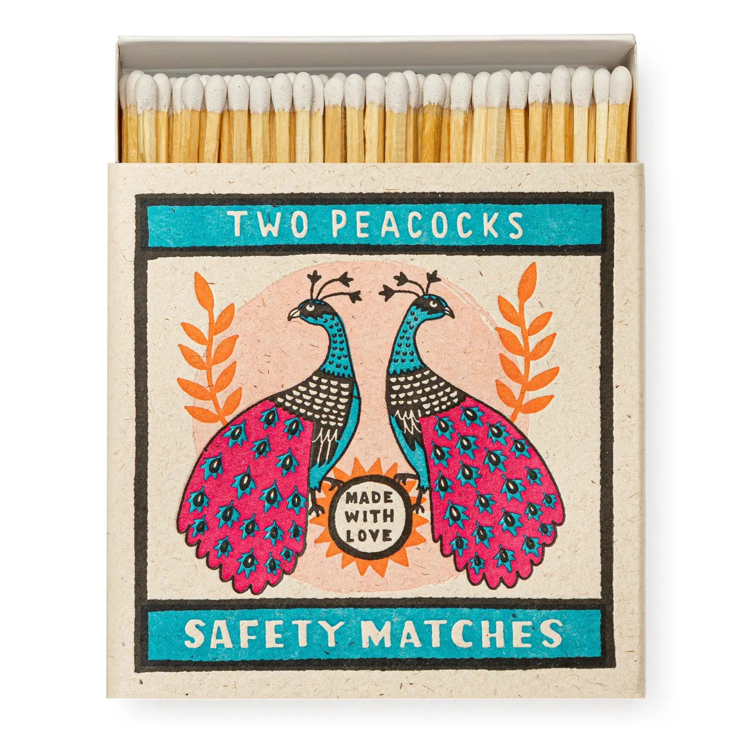 box of matches with two peacocks and made with love written on it