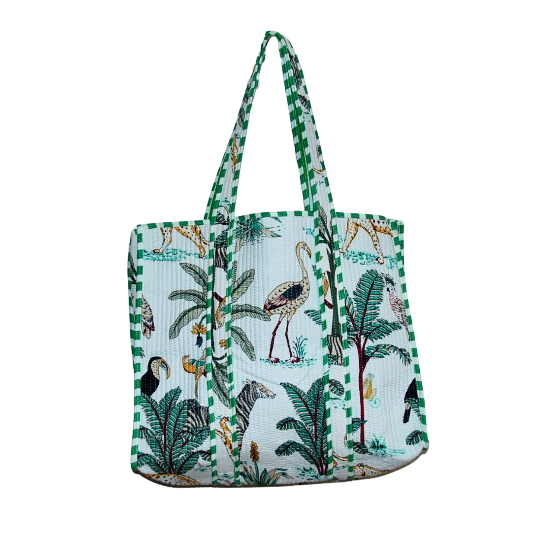 white bag with animal and jungle themed print