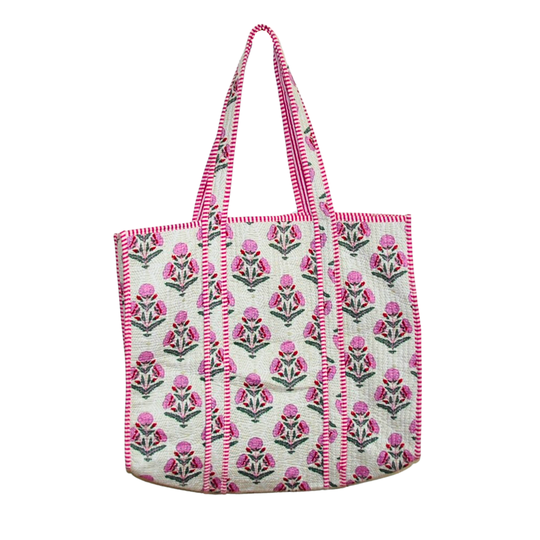 Floral patterned tote bag with pink and green design